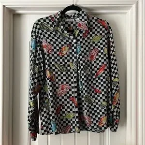 American Vintage | Tops | Vtg 0 Silk Button Up Sea Shell Black And ...